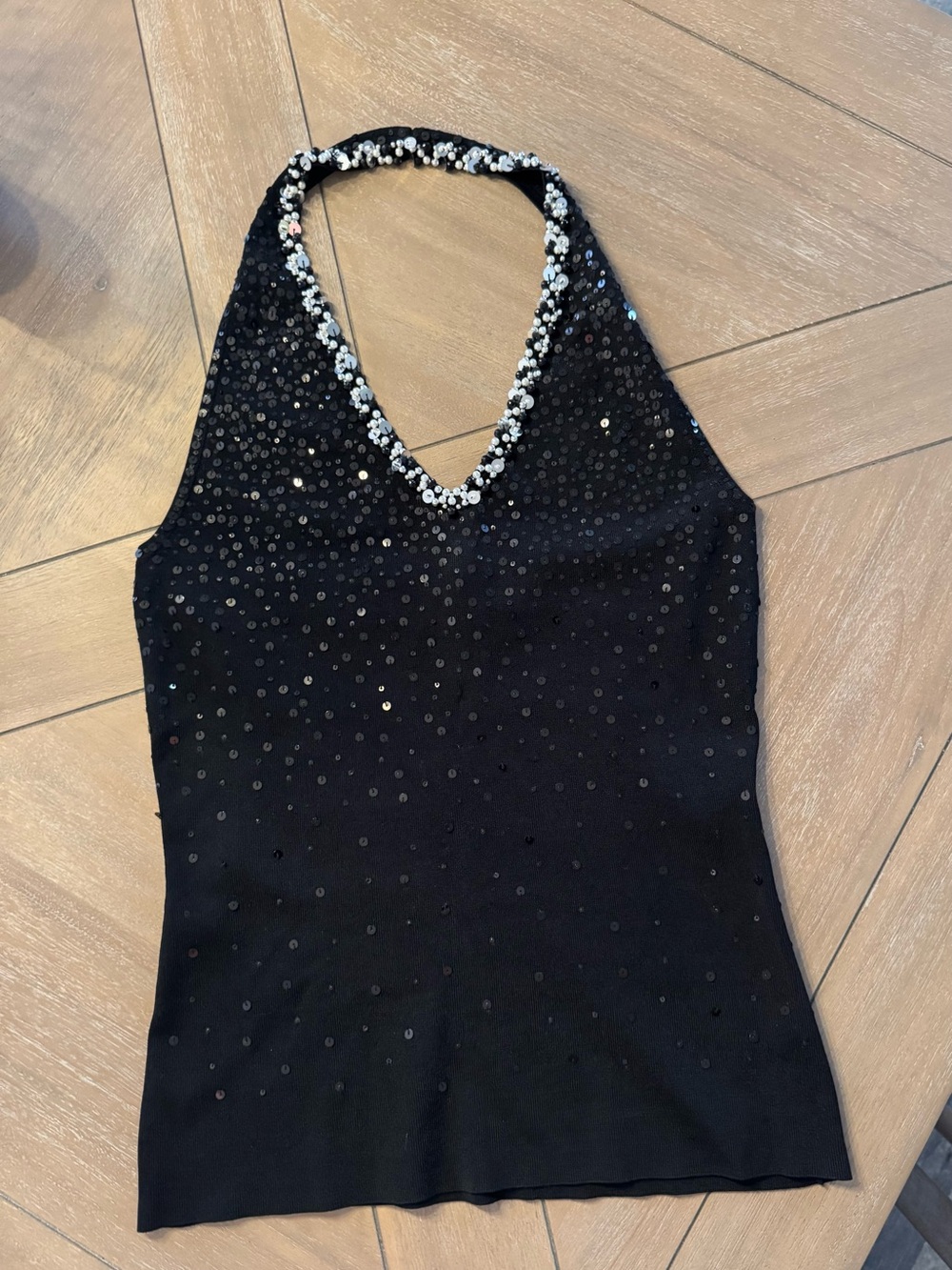 White House Black Market Black Halter Top with Sequined Details - Picture 2 of 8